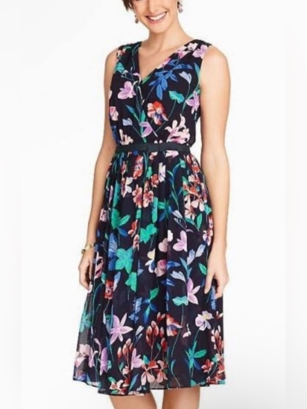 Talbots Black Floral V-Neck Sleeveless Midi Dress